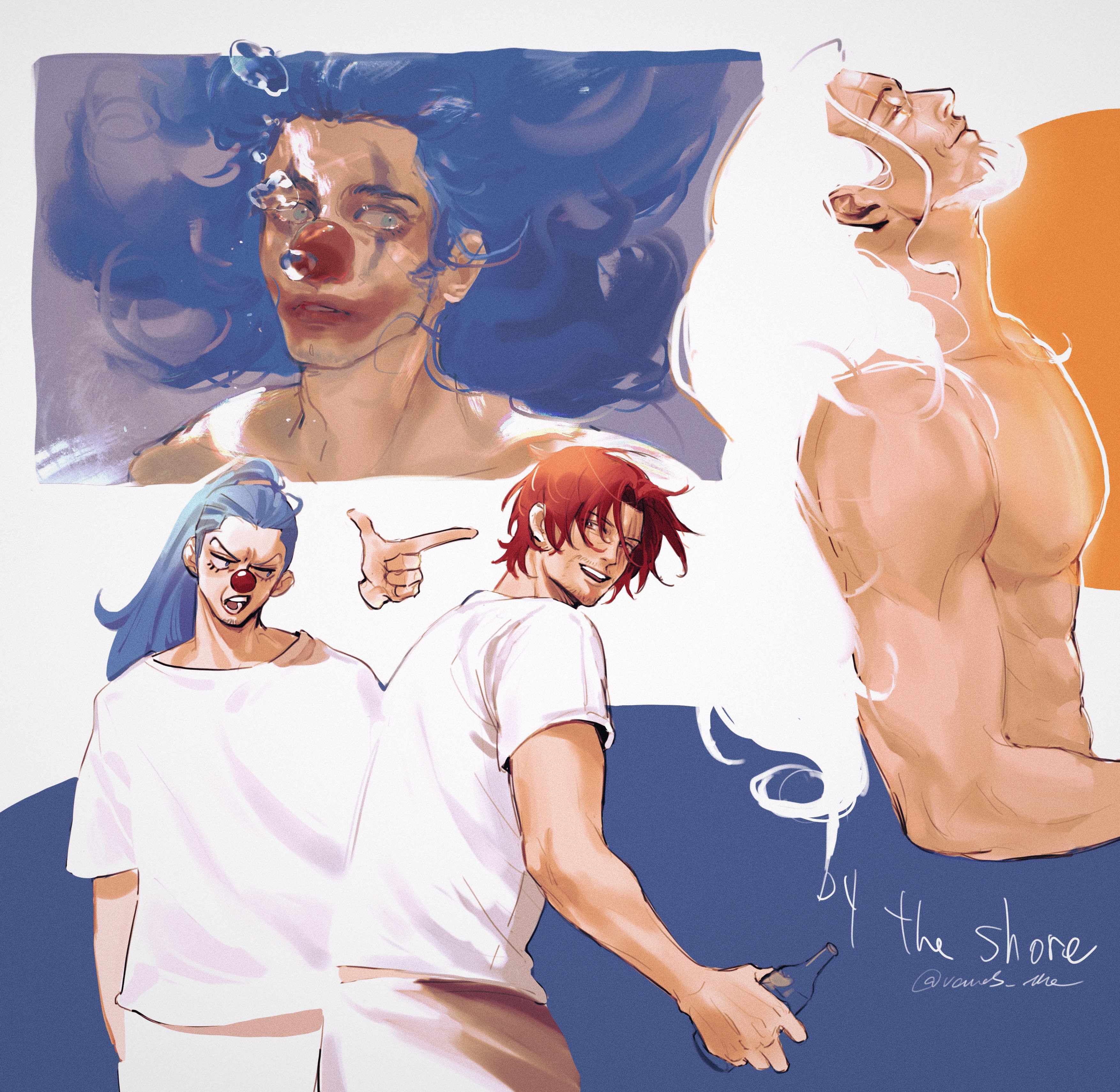 vamos mk, buggy the clown, shanks (one piece), silvers rayleigh, one piece, absurdres, highres, 3boys, abs, adam's apple, beard, blue hair, bottle, clown nose, devil fruit power, disembodied hand, facepaint, facial hair, holding, holding bottle, long hair, male focus, multiple boys, multiple views, mustache, open mouth, parted lips, pectorals, ponytail, red hair, shirt, short hair, signature, t-shirt, toned, toned male, underwater, very long hair, white hair, white shirt