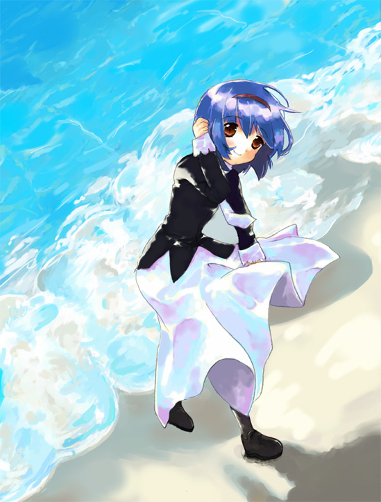 nishizono mio, little busters!, 1girl, beach, blue hair, day, female focus, hairband, ocean, outdoors, smile, solo, water, wind