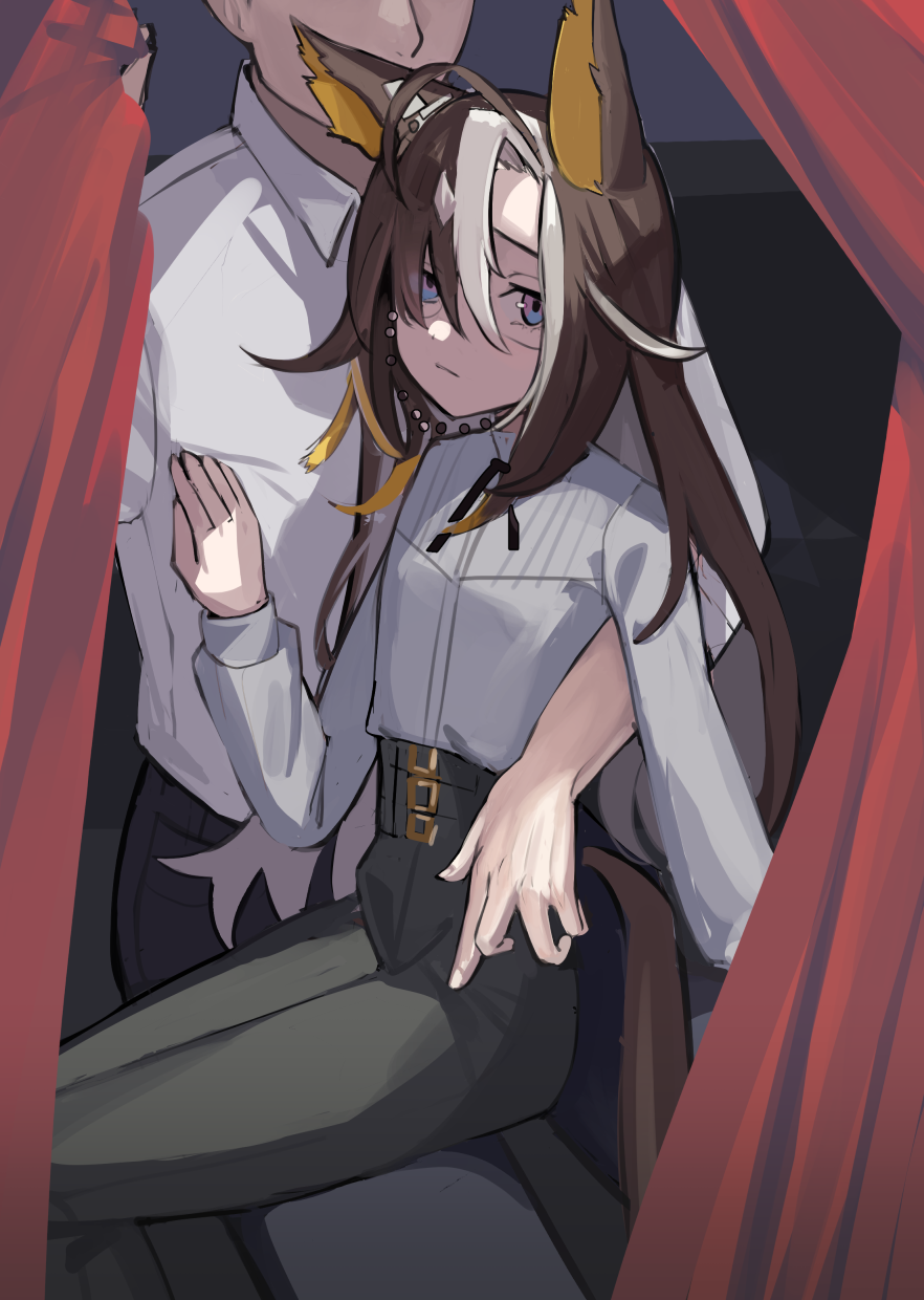 solokitsune, dream journey (umamusume), umamusume, highres, 1boy, 1girl, animal ears, black pants, blue eyes, brown hair, ear ornament, earrings, horse ears, horse girl, horse tail, jewelry, long hair, long sleeves, looking at viewer, multicolored hair, pants, shirt, single earring, sitting, sitting on lap, sitting on person, tail, white hair
