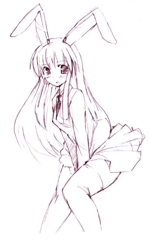 seo tatsuya, reisen udongein inaba, touhou, 1girl, animal ears, female focus, monochrome, purple theme, rabbit ears, sketch, solo, thighhighs, zettai ryouiki