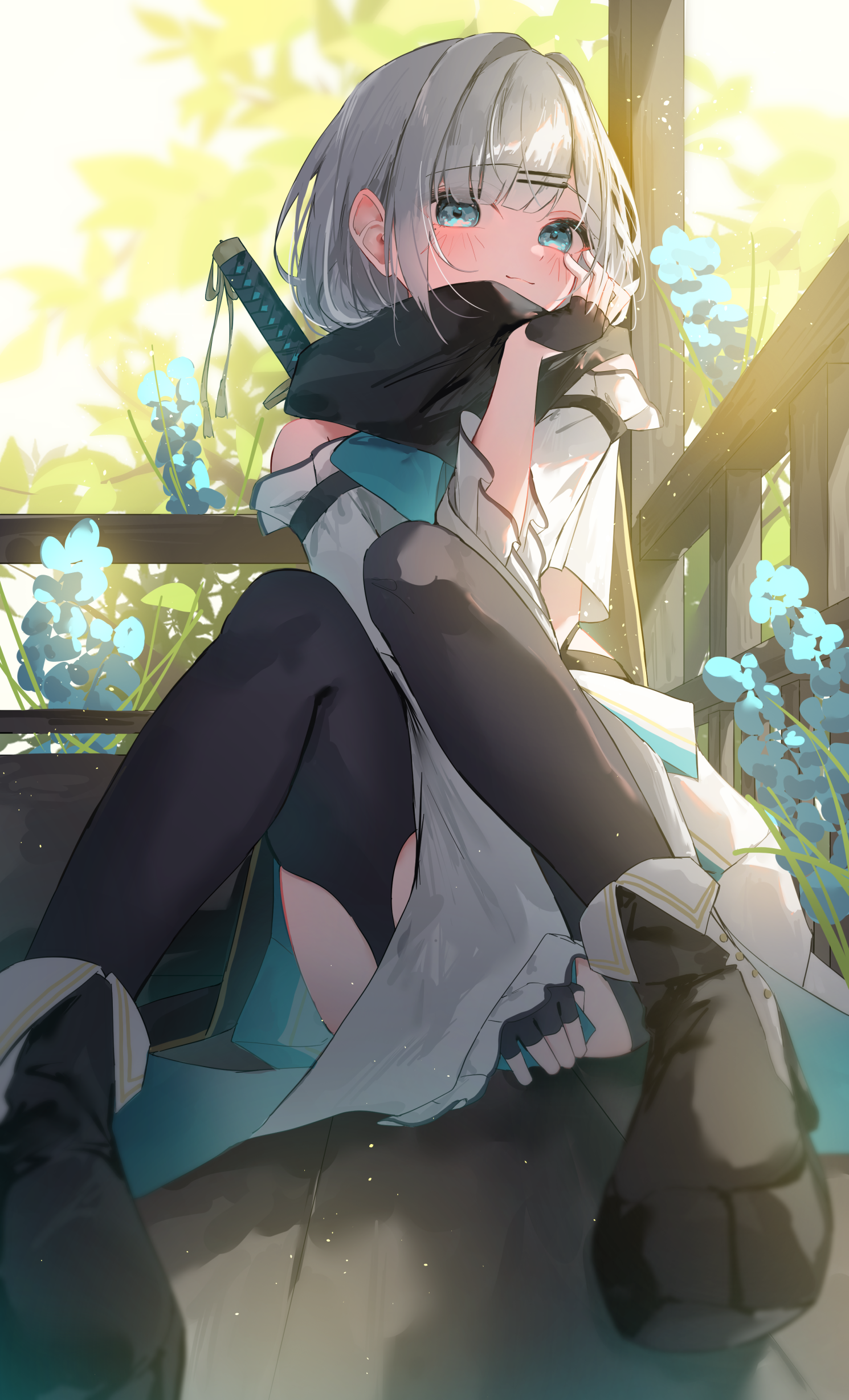 chisei259, kaga sumire, vspo!, absurdres, highres, 1girl, between legs, black gloves, black scarf, black thighhighs, blue flower, blush, boots, fingerless gloves, flower, gloves, grey hair, head out of frame, japanese clothes, katana, kimono, knees up, long sleeves, scarf, short hair, sitting, solo, sword, sword on back, thighhighs, virtual youtuber, weapon, weapon on back