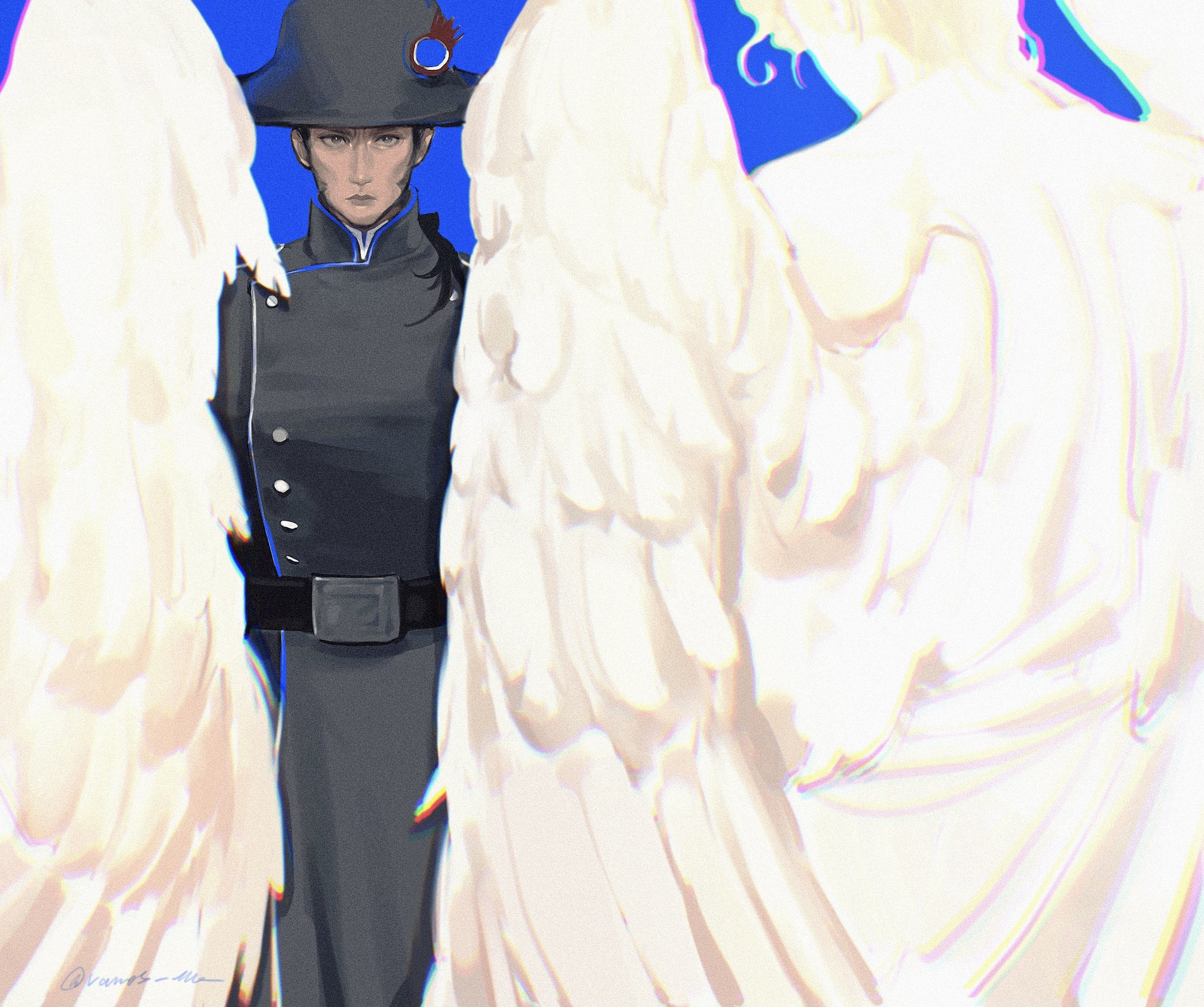 vamos mk, jean valjean, les miserables, commentary request, highres, 2boys, angel wings, belt, black belt, black hair, blonde hair, blood on hat, blue background, closed mouth, expressionless, feathered wings, hat, javert, long sleeves, male focus, military uniform, multiple boys, ponytail, robe, short hair, sideburns, torn clothes, torn hat, white robe, white wings, wings