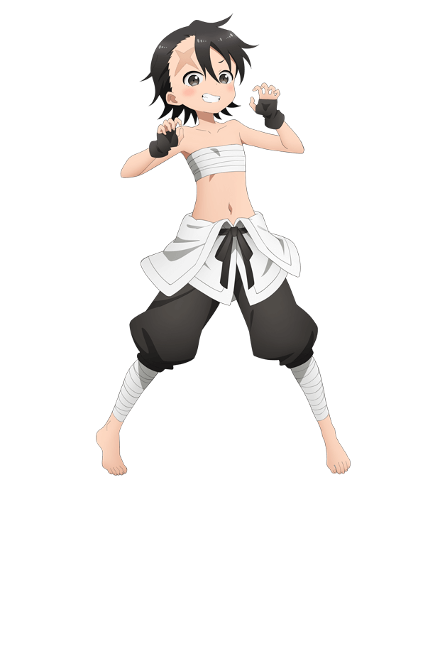 okuda yousuke, itadori (kunoichi tsubaki no mune no uchi), kunoichi tsubaki no mune no uchi, official art, 1girl, anime coloring, armpits, bandaged leg, bandages, bare shoulders, barefoot, black gloves, black hair, black sash, black shorts, blush, breasts, brown eyes, claw pose, collarbone, fingerless gloves, flat chest, full body, gloves, hands up, japanese clothes, kimono, looking at viewer, midriff, navel, open mouth, sarashi, sash, scar, scar on face, scar on forehead, shorts, simple background, smile, solo, standing, tachi-e, teeth, transparent background, white kimono