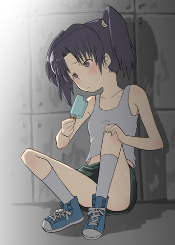hinata nonoka, nonoka, amasawa yuuko, dennou coil, lowres, 00s, brown hair, food, glasses, popsicle, shoes, short hair, sneakers, solo, sweat, twintails
