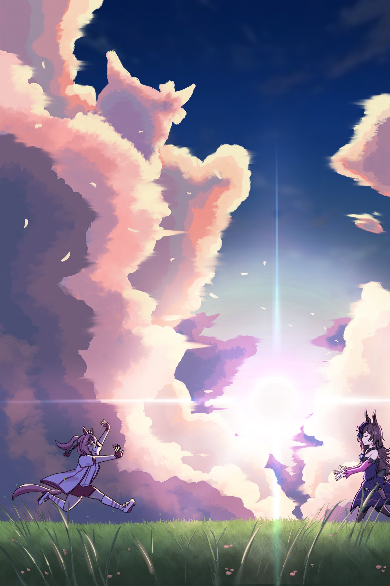 johnholl0w, haru urara (umamusume), rice shower (umamusume), umamusume, highres, 2girls, animal ears, bare shoulders, black thighhighs, blue flower, blue rose, blush, bow, brown hair, buruma, closed eyes, closed mouth, cloud, crying, dress, ear bow, ear covers, fascinator, field, fingerless gloves, flipped hair, flower, gloves, grass, hair over one eye, hairband, haru urara (bestest prize) (umamusume), hat, hat flower, headband, horse ears, horse girl, horse tail, jacket, long hair, long sleeves, multiple girls, off-shoulder dress, off shoulder, open mouth, outdoors, pink buruma, pink hair, pink headband, ponytail, purple dress, red buruma, red gloves, red headband, rice shower (rosy dreams) (umamusume), rose, running, shirt, sky, smile, socks, striped clothes, striped socks, sunlight, tail, tears, thighhighs, tilted headwear, white jacket, white shirt