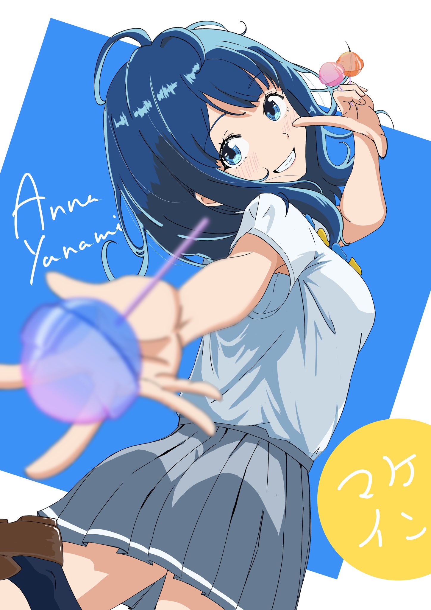 haruka (haruka hack), yanami anna, make heroine ga oo sugiru!, highres, 1girl, blue eyes, blue hair, blurry, blurry foreground, blush, bow, bowtie, character name, copyright name, depth of field, grey skirt, grin, looking at viewer, medium hair, pleated skirt, school uniform, shirt, short sleeves, skirt, smile, solo, teeth, white shirt