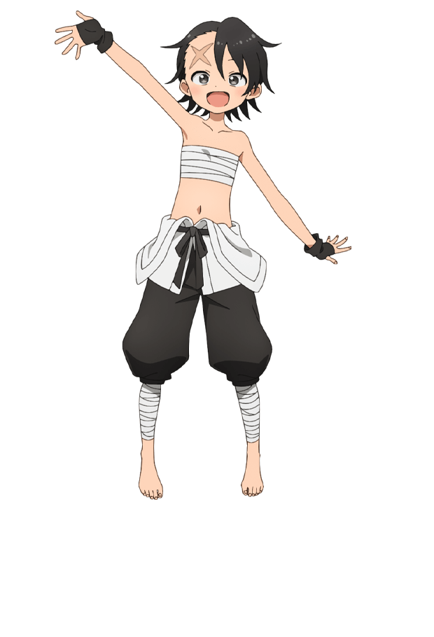 okuda yousuke, itadori (kunoichi tsubaki no mune no uchi), kunoichi tsubaki no mune no uchi, official art, 1girl, :d, anime coloring, arm up, bandaged leg, bandages, bare shoulders, black gloves, black hair, black sash, black shorts, blush, breasts, brown eyes, collarbone, fingerless gloves, flat chest, full body, gloves, japanese clothes, kimono, looking at viewer, midriff, navel, open hands, open mouth, outstretched arms, palms, sarashi, sash, scar, scar on face, scar on forehead, shorts, simple background, smile, solo, spread fingers, standing, tachi-e, transparent background, white kimono