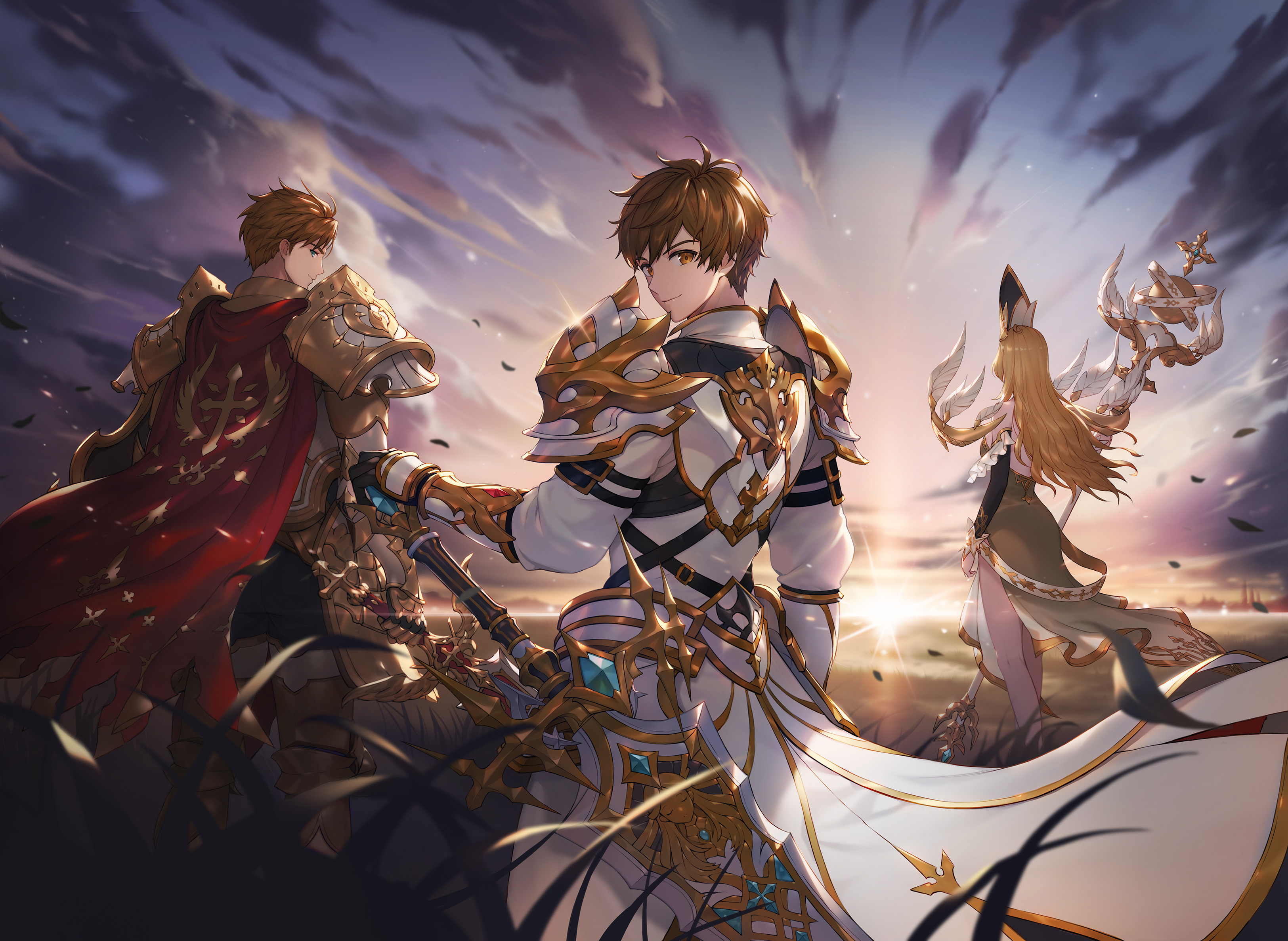 frey (king's raid), kasel (king's raid), king's raid, absurdres, commentary, highres, official art, 1girl, 2boys, armor, black pants, black sleeves, blonde hair, blue gemstone, bracer, breastplate, brown eyes, brown hair, cape, clause (king's raid), cloud, cloudy sky, coat, cross, detached sleeves, dress, facing away, faulds, feathers, floating clothes, floating hair, gauntlets, gem, gold armor, gold trim, green dress, hat, holding, holding staff, holding sword, holding weapon, horizon, leg armor, lens flare, lolco, long hair, looking at viewer, looking back, mage staff, multiple boys, pants, pauldrons, red cape, red gemstone, sheath, sheathed, short hair, shoulder armor, side slit, sky, smile, staff, sword, weapon, white armor, white coat, white feathers, white hat, wind