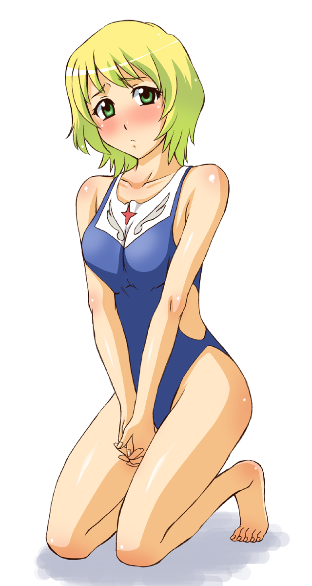 akiyama kenta, erstin ho, my-otome, highres, 00s, 1girl, barefoot, blonde hair, blue one-piece swimsuit, blush, breasts, breasts squeezed together, feet, female focus, medium breasts, one-piece swimsuit, solo, swimsuit