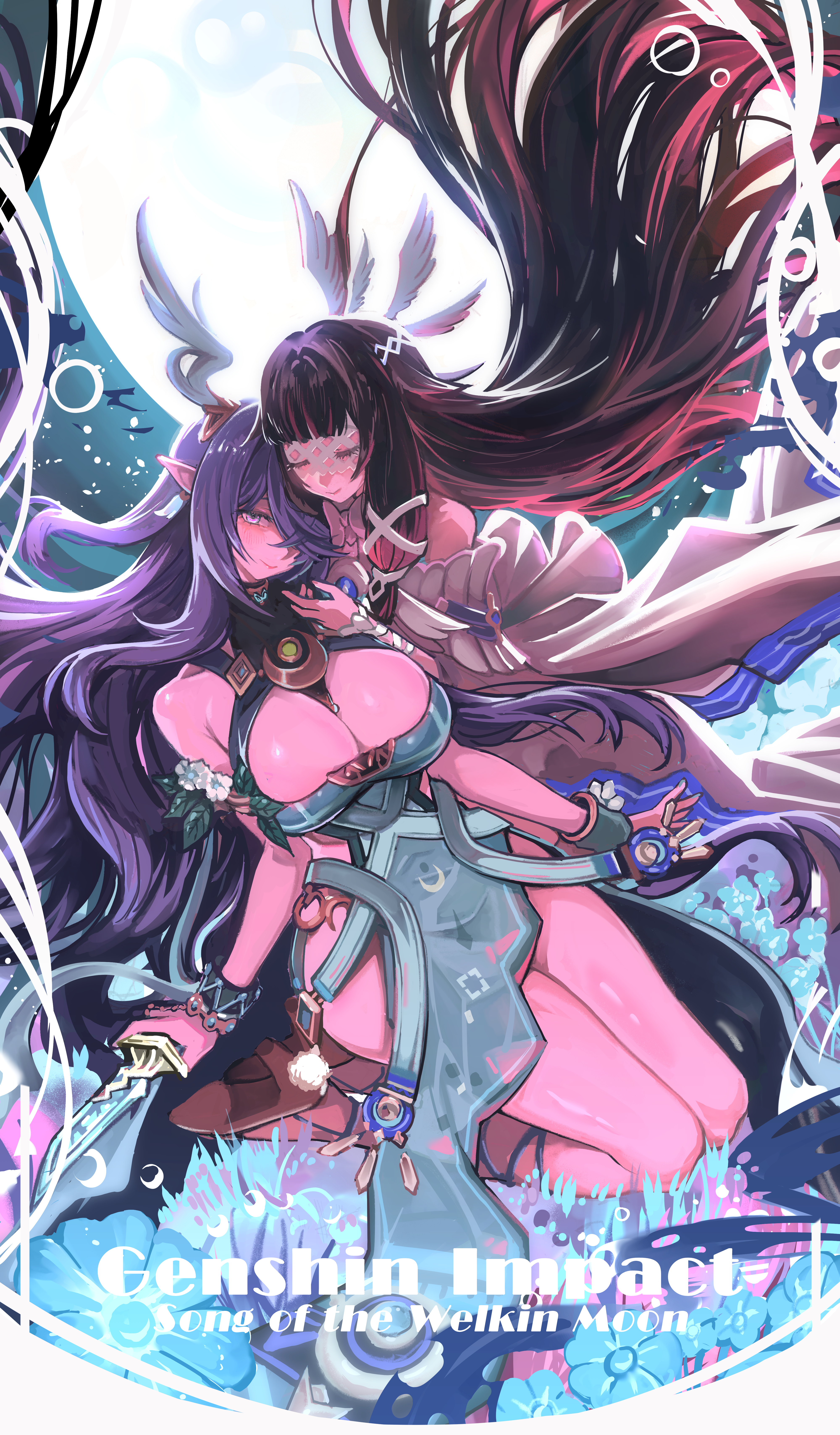 aku maborosi, columbina (genshin impact), lauma (genshin impact), genshin impact, absurdres, highres, 2girls, antlers, armlet, black hair, blue flower, bracelet, breasts, closed eyes, closed mouth, dagger, dress, flower, green dress, hair over one eye, head wings, holding, holding dagger, holding knife, holding weapon, horns, jewelry, knife, large breasts, long hair, looking at another, moon, multicolored hair, multiple girls, multiple wings, pink hair, purple eyes, purple hair, reindeer antlers, reindeer girl, sleeveless, sleeveless dress, thighs, very long hair, weapon, white mask, wings, yuri