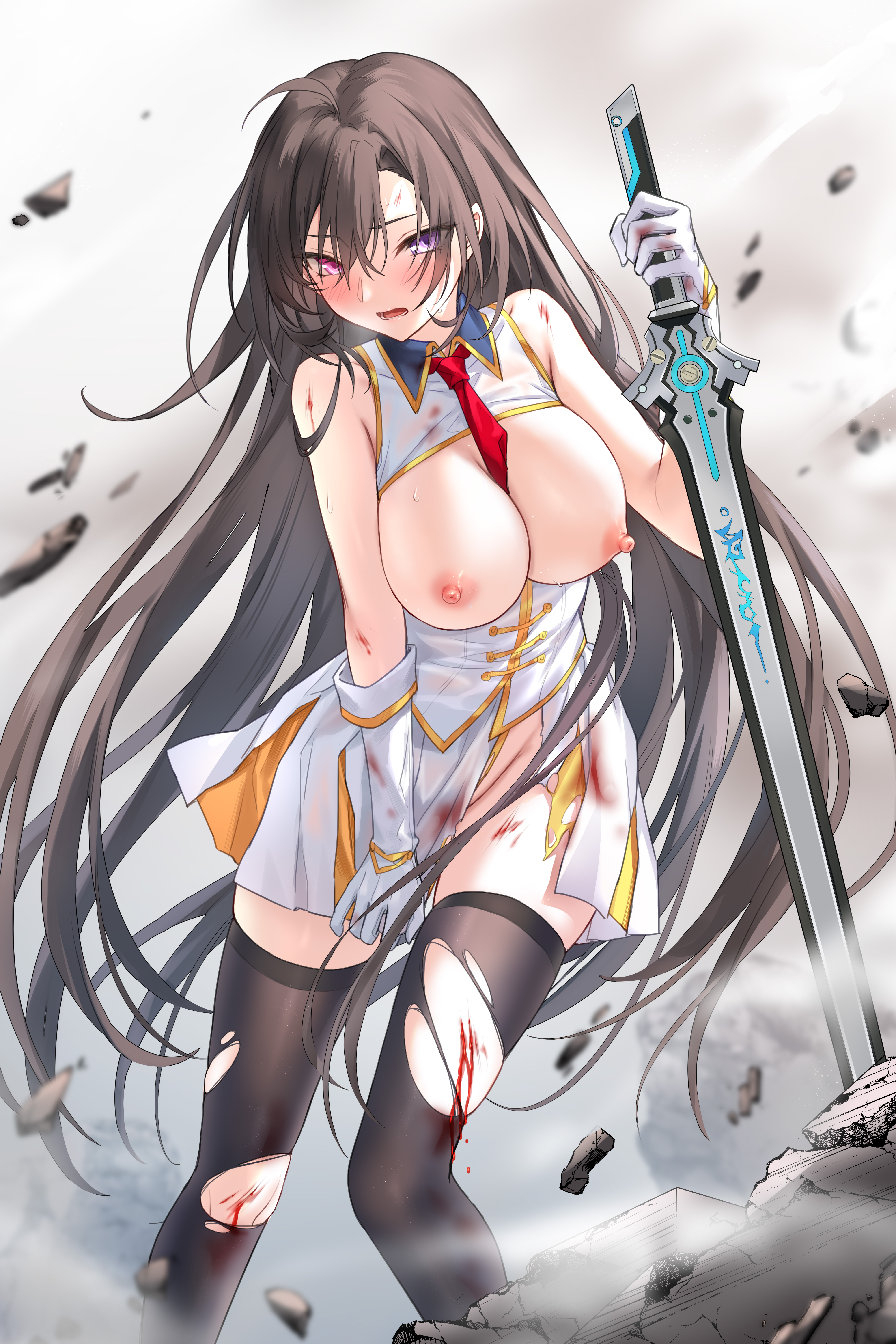 devil heavens, bai winchester, closers, absurdres, highres, 1girl, bare shoulders, between breasts, black thighhighs, bleeding, blood, blood on clothes, blood on leg, blush, breasts, breasts out, brown hair, gloves, heterochromia, holding, holding sword, holding weapon, injury, long hair, looking at viewer, necktie, necktie between breasts, nipples, open mouth, purple eyes, red eyes, red necktie, shirt, skirt, sleeveless, sleeveless shirt, solo, sword, thighhighs, torn clothes, two-tone skirt, very long hair, weapon, white gloves, white shirt, white skirt