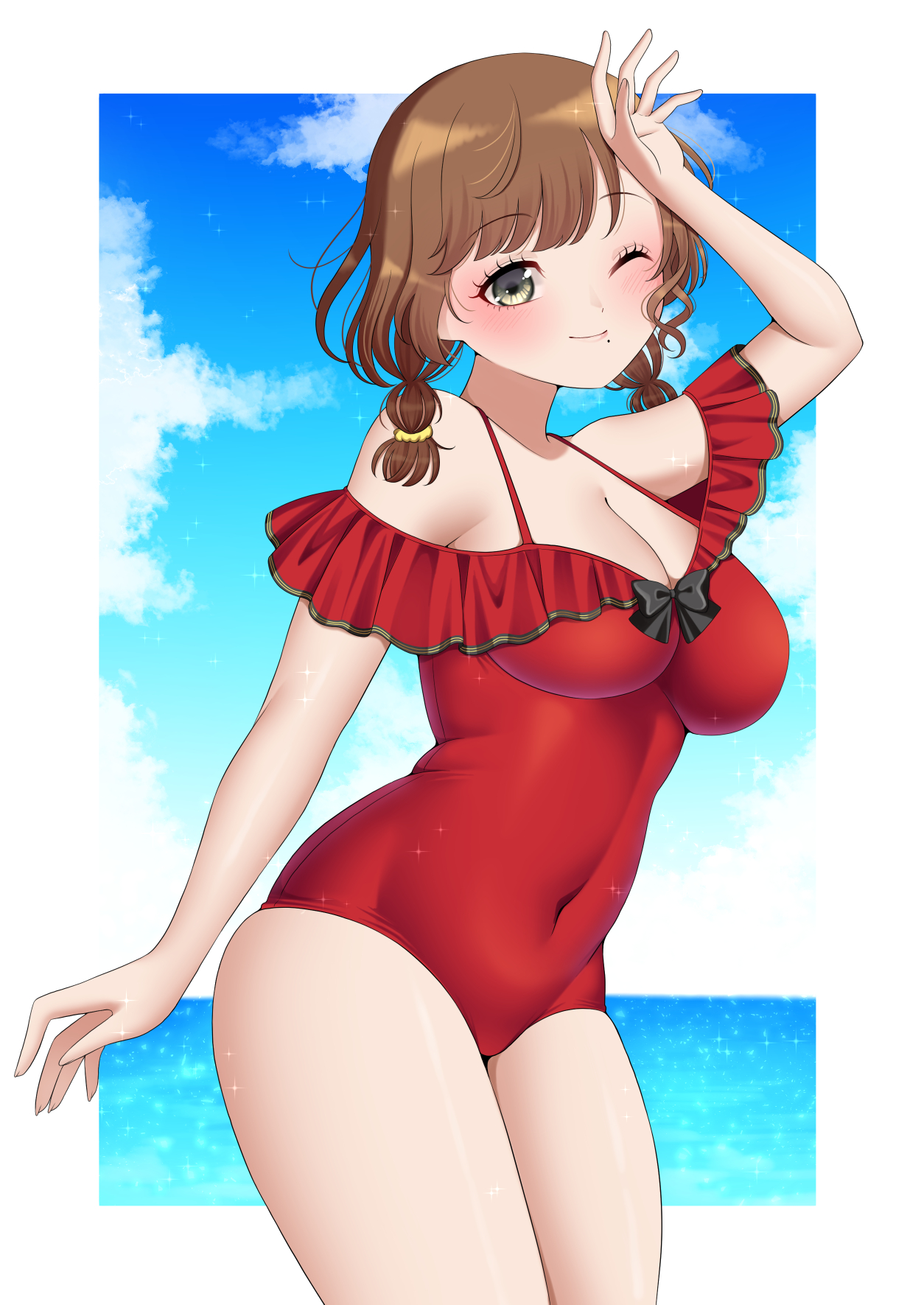yomogi dango, asahi (kancolle), asahi (swimsuit) (kancolle), kantai collection, highres, 1girl, blue sky, border, braid, breasts, brown hair, cleavage, cloud, covered navel, cowboy shot, frilled one-piece swimsuit, frills, grey eyes, hand up, large breasts, looking at viewer, mole, mole under mouth, ocean, official alternate costume, one-piece swimsuit, one eye closed, red one-piece swimsuit, short hair, side braids, sky, smile, solo, swimsuit, white border