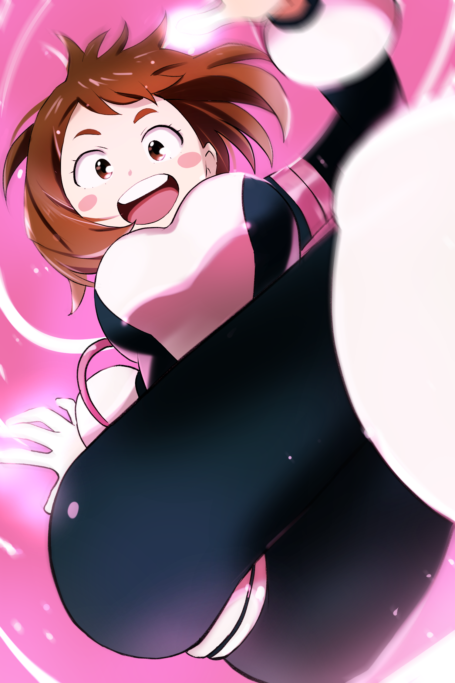 tanaka yutaka, uraraka ochako, boku no hero academia, highres, 1girl, ass, bodysuit, breasts, brown eyes, brown hair, from below, large breasts, looking at viewer, open mouth, skin tight, smile, solo, thighs