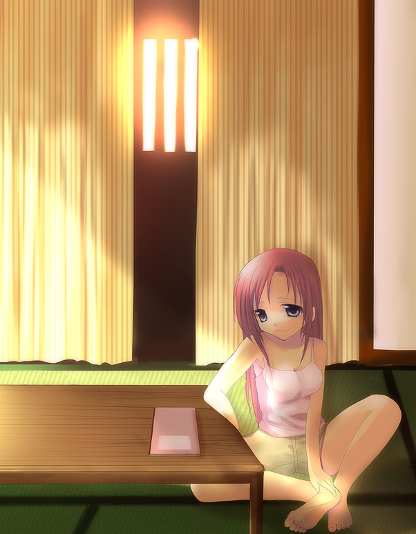 kayune niu, kamio haruko, air (visual novel), 00s, 1girl, barefoot, blue eyes, book, camisole, feet, female focus, indoors, long hair, pink hair, shorts, smile, solo, sunset, table, window
