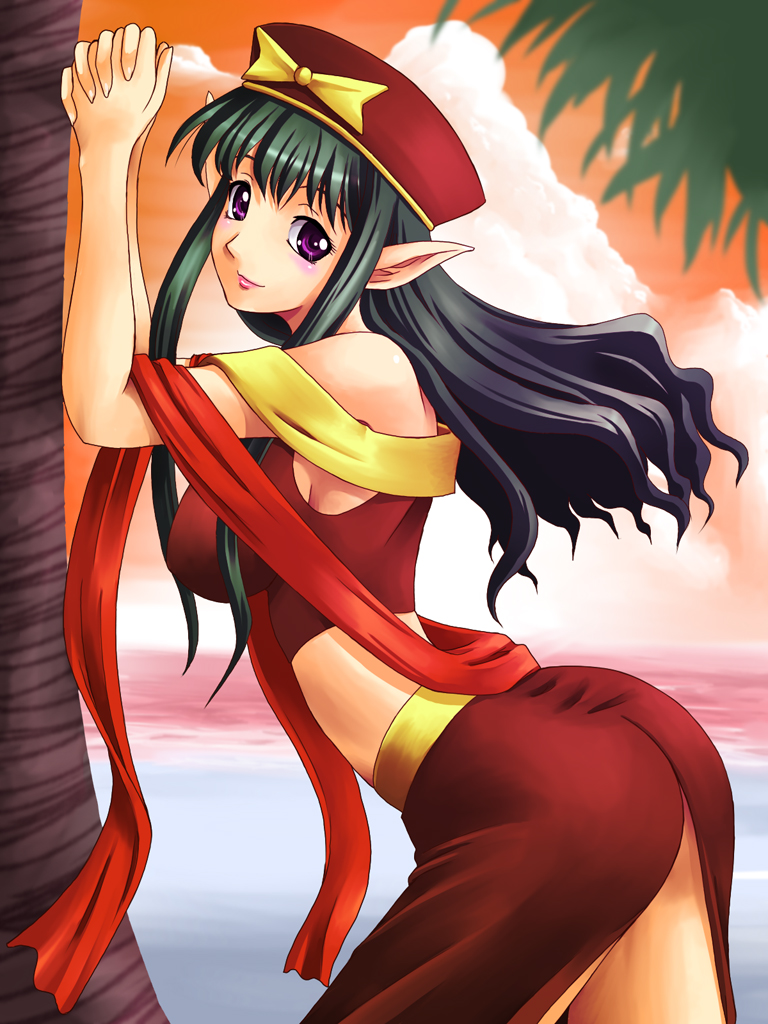 yaso shigeru, lydia (quiz magic academy), quiz magic academy, 1girl, ass, beach, bent over, beret, blue eyes, breasts, female focus, from side, green hair, hat, looking at viewer, looking to the side, nature, outdoors, palm tree, pointy ears, sky, solo, sunlight, sunset, tree