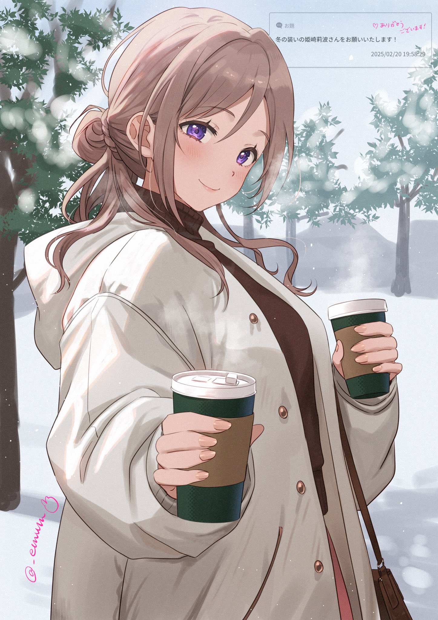 emu (emum), himesaki rinami, gakuen idolmaster, idolmaster, highres, 1girl, bag, blush, breasts, brown bag, brown hair, brown sweater, coat, cup, disposable cup, drink, hair between eyes, hair bun, handbag, holding, holding cup, holding drink, hood, hood down, hooded coat, incoming drink, long hair, looking at viewer, purple eyes, request inset, smile, snow, solo, steaming cup, sweater, turtleneck, turtleneck sweater, twitter username, white coat, winter, winter clothes