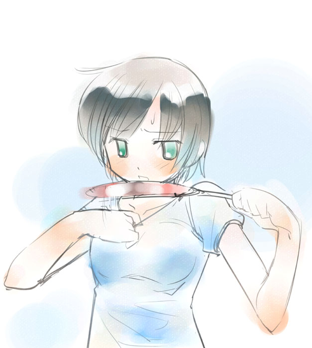 ikeda jun (mizutamari), 1girl, blush, brown hair, female focus, green eyes, hand fan, hot, motion lines, paper fan, shirt, sketch, solo, sweatdrop, t-shirt, uchiwa