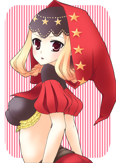 mika mikan, velvet (odin sphere), odin sphere, 1girl, blonde hair, female focus, hood, long hair, midriff, puff and slash sleeves, puffy sleeves, red eyes, solo