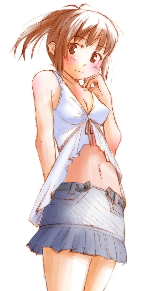 nyazui, sakino asuka, kimi kiss, blush, midriff, miniskirt, navel, ponytail, short hair, skirt, smile, solo