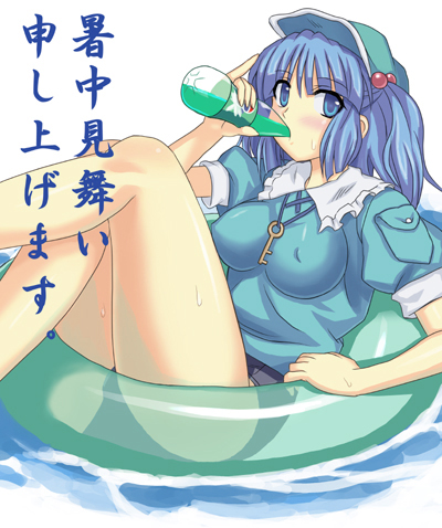 takaku toshihiko, kawashiro nitori, pepsi, touhou, lowres, 1girl, blue eyes, blue hair, drinking, female focus, hair bobbles, hair ornament, hat, innertube, key, matching hair/eyes, no pants, one-piece swimsuit, pepsi ice cucumber, pinky out, school swimsuit, shochuumimai, soda, solo, swim ring, swimsuit, swimsuit under clothes, two side up, water