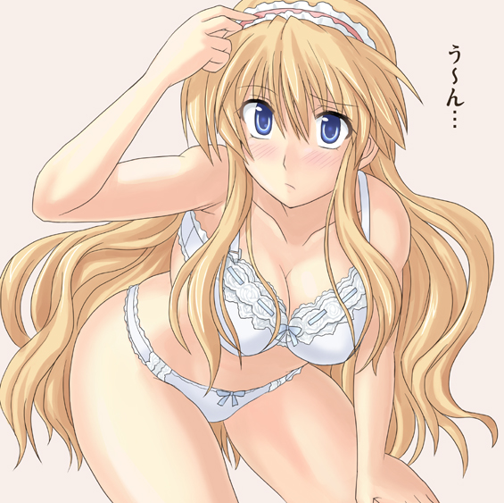 takaku toshihiko, alice margatroid, touhou, hand on thigh, 1girl, aged up, alternate costume, alternate hairstyle, bent over, blonde hair, blue eyes, blush, bow, bra, breasts, cleavage, collarbone, curvy, embarrassed, female focus, hairband, hand on own thigh, hip focus, lace, lace-trimmed bra, lace trim, large breasts, leaning forward, lingerie, long hair, panties, pink background, simple background, solo, thighs, underwear, underwear only, very long hair, white bra, white panties, wide hips
