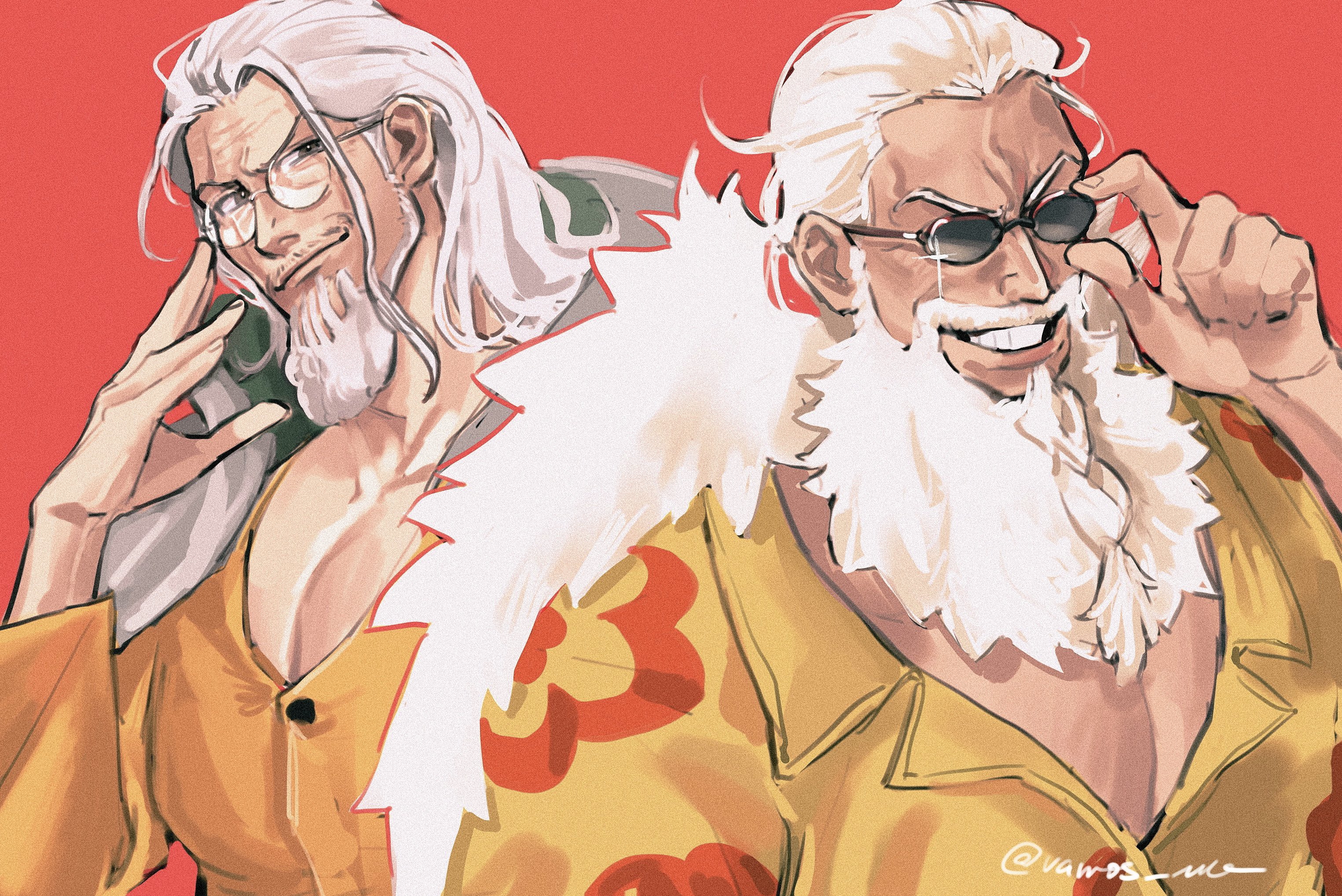 vamos mk, scopper gaban, silvers rayleigh, one piece, commentary, highres, symbol-only commentary, 2boys, beard, braid, braided beard, facial hair, floral print shirt, glasses, goatee, grin, long hair, multiple boys, old, old man, orange shirt, pectoral cleavage, pectorals, red background, round eyewear, scar, scar across eye, scar on face, shirt, sideburns, simple background, smile, sparkle, spiked hair, sunglasses, teeth, upper body, white hair, yellow shirt