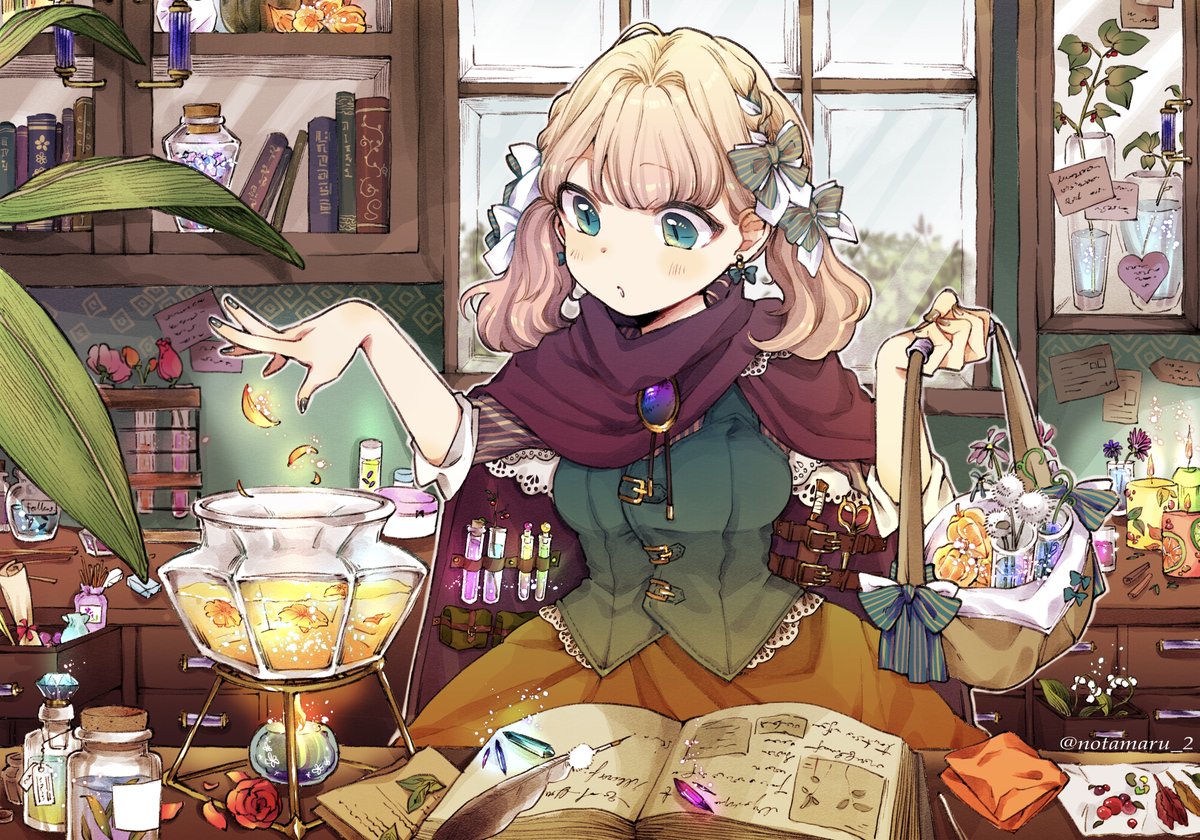 notamaru 2, original, commentary request, 1girl, blonde hair, blush, book, brown scarf, green eyes, green shirt, indoors, long sleeves, medium hair, open book, orange skirt, outline, parted lips, petals, scarf, shirt, skirt, solo, test tube, twintails, twitter username, upper body, white outline, window