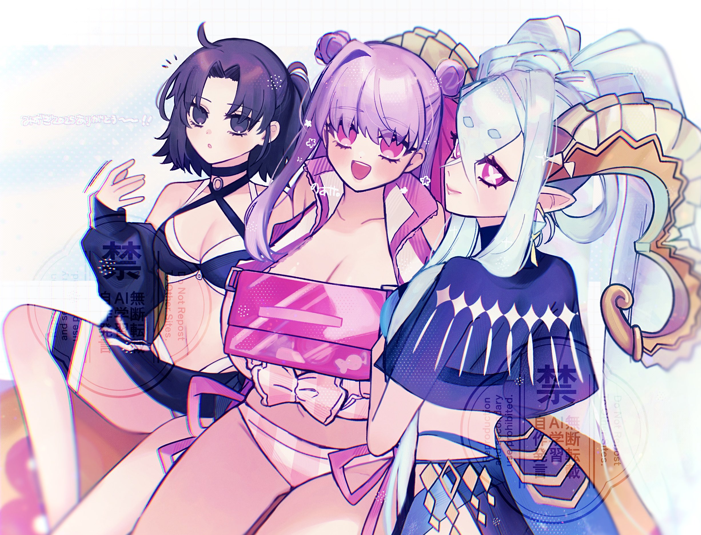 noa pisces, passionlip (fate), passionlip (swimsuit saber) (first ascension) (fate), ryougi shiki, tiamat (fate), tiamat (swimsuit archer) (first ascension) (fate), fate/grand order, fate (series), highres, 3girls, aqua hair, bare shoulders, blush, breasts, brown hair, claw (weapon), cleavage, grey eyes, horns, large breasts, long hair, long sleeves, looking at viewer, medium breasts, multiple girls, navel, open mouth, pink eyes, purple hair, ryougi shiki (swimsuit mooncancer) (first ascension), short hair, smile, weapon