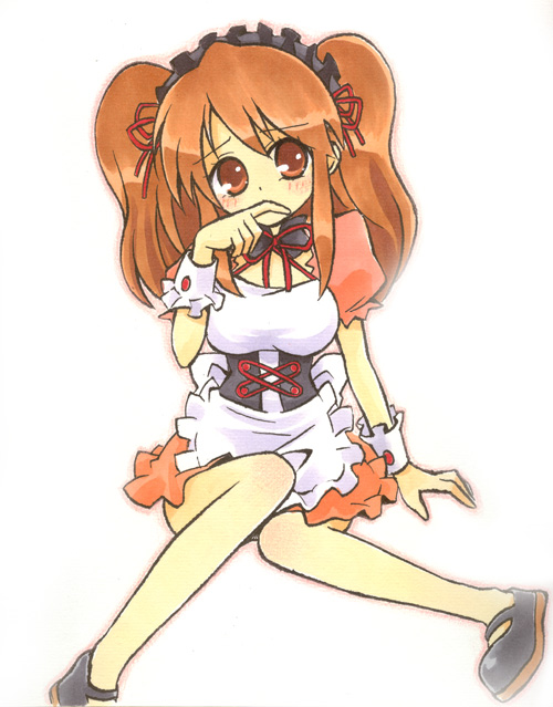 kamoi hayato, asahina mikuru, suzumiya haruhi no yuuutsu, 00s, 1girl, alternate costume, apron, breasts, enmaided, female focus, large breasts, looking at viewer, maid, maid apron, mary janes, puffy short sleeves, puffy sleeves, shoes, short sleeves, simple background, sitting, solo, white background
