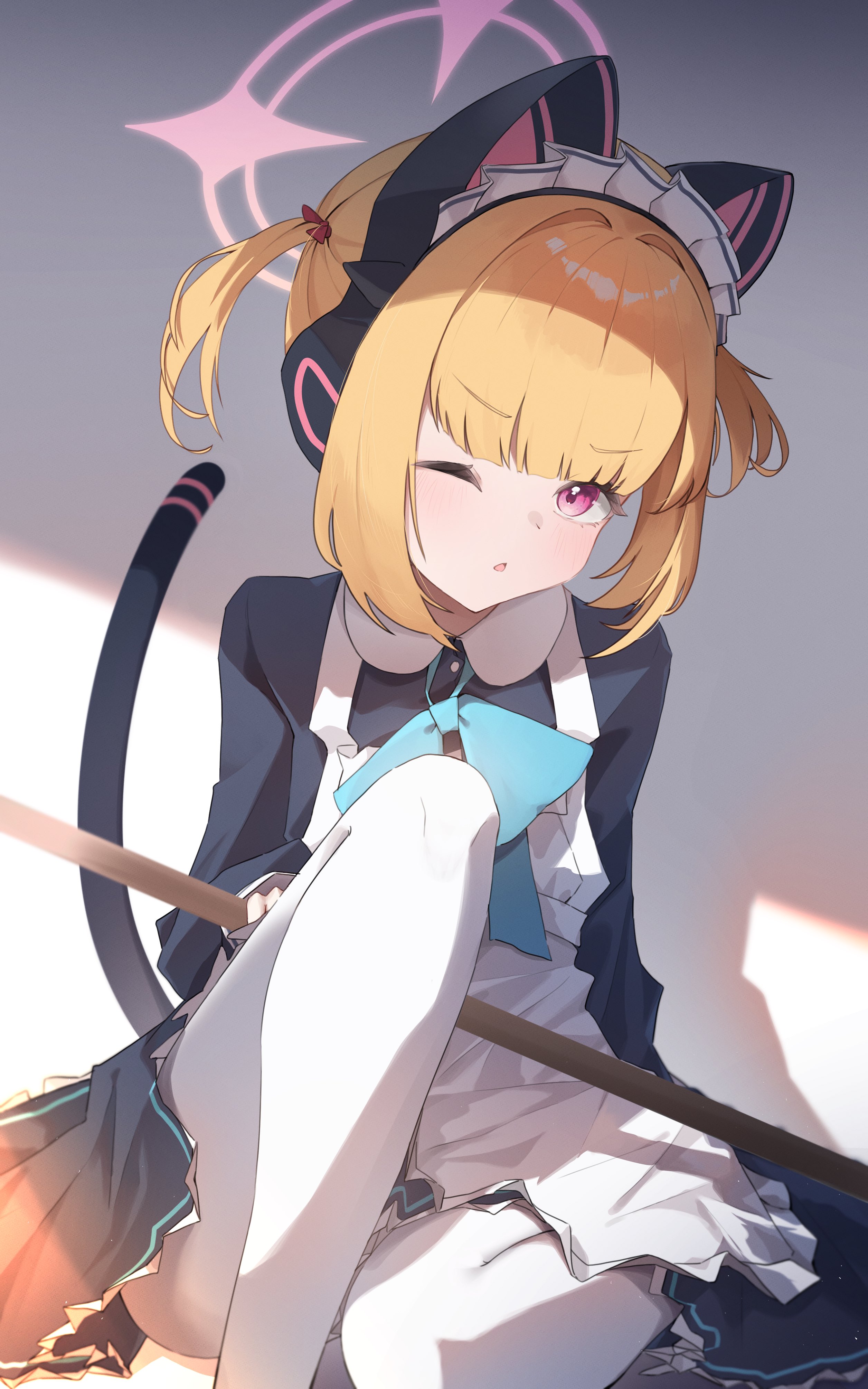 ixia559, momoi (blue archive), momoi (maid) (blue archive), blue archive, absurdres, highres, 1girl, animal ear headphones, animal ears, apron, black dress, blonde hair, blue bow, blue bowtie, bow, bowtie, broom, cat ear headphones, collared dress, dress, fake animal ears, fake tail, frilled apron, frills, frown, hair bow, halo, headphones, legs, looking at viewer, maid, maid headdress, official alternate costume, on one knee, one eye closed, pantyhose, pink eyes, pink halo, red bow, short twintails, sidelocks, sitting, solo, tail, twintails, white apron, white pantyhose