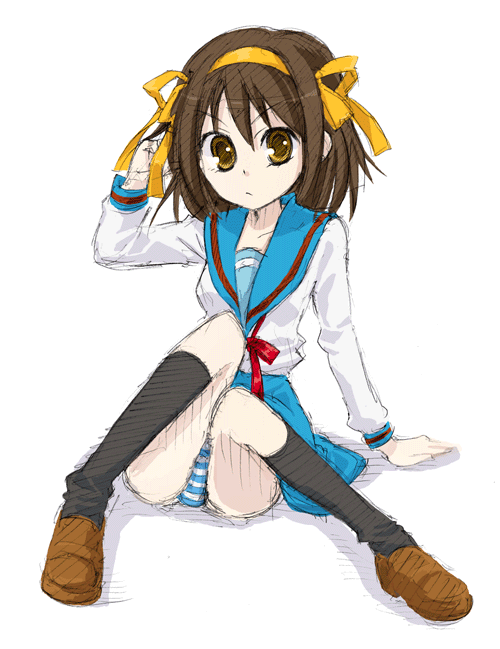 kamoi hayato, suzumiya haruhi, suzumiya haruhi no yuuutsu, 00s, brown hair, panties, school uniform, serafuku, short hair, solo, striped clothes, striped panties, underwear