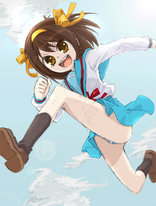 kamoi hayato, suzumiya haruhi, suzumiya haruhi no yuuutsu, 00s, brown hair, panties, running, school uniform, serafuku, short hair, solo, striped clothes, striped panties, underwear