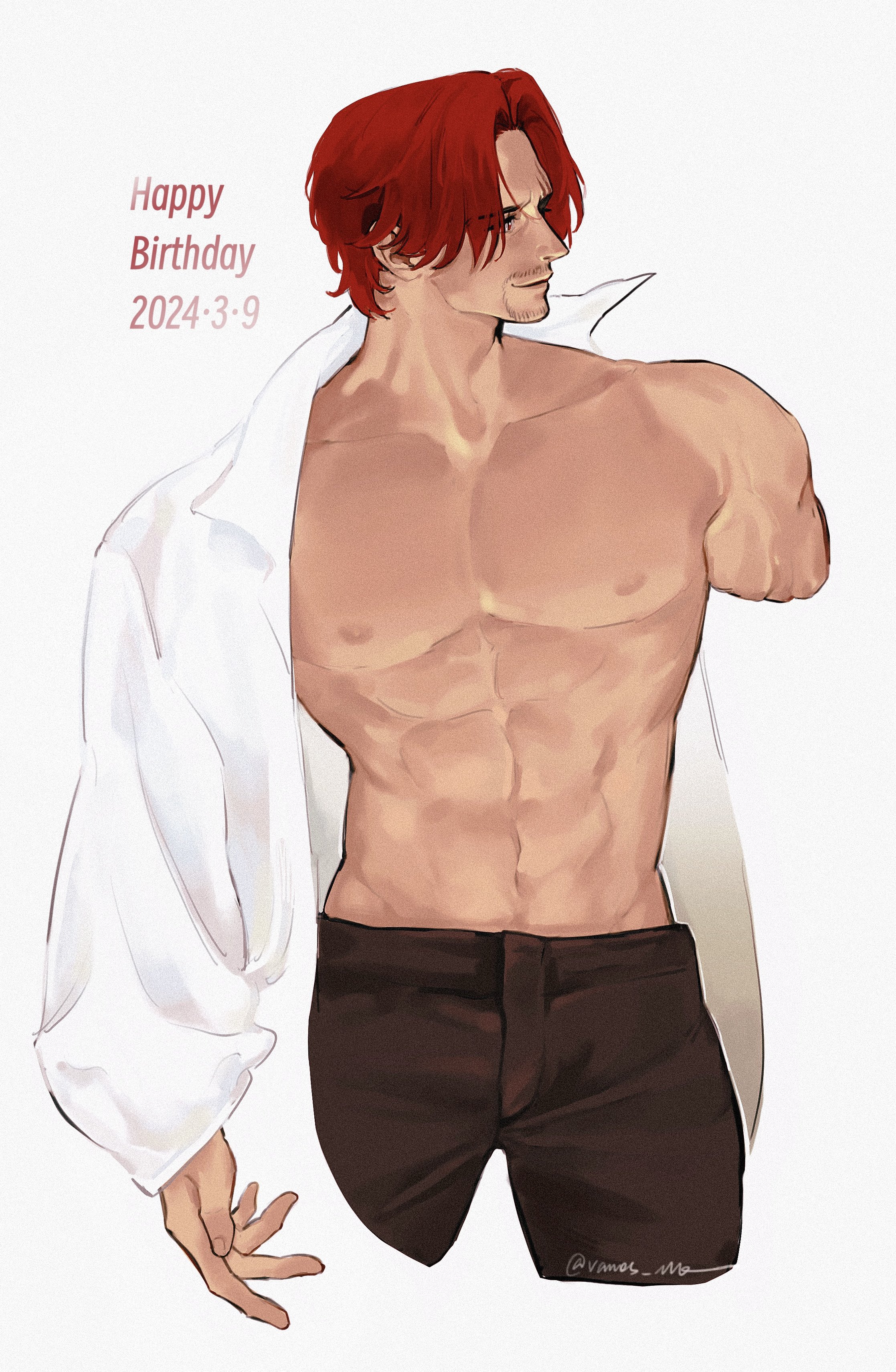 vamos mk, shanks (one piece), one piece, absurdres, highres, 1boy, abs, amputee, broad shoulders, collarbone, cropped legs, dated, dress shirt, facial hair, goatee stubble, groin, hair intakes, happy birthday, large pectorals, male focus, muscular, muscular male, navel, nipples, pants, pectorals, red hair, shirt, shirt partially removed, signature, simple background, single bare shoulder, smile, solo, stubble, white background, white shirt