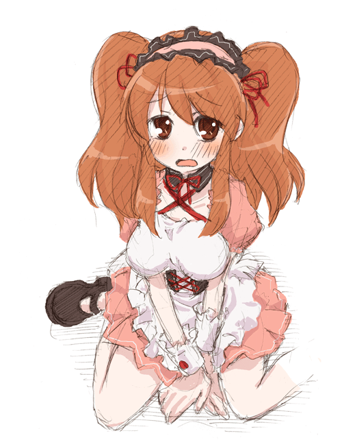 kamoi hayato, asahina mikuru, suzumiya haruhi no yuuutsu, 00s, 1girl, :o, alternate costume, apron, corset, enmaided, female focus, frown, looking at viewer, maid, maid apron, maid headdress, official alternate hairstyle, open mouth, orange hair, puffy short sleeves, puffy sleeves, red eyes, short sleeves, simple background, solo, underbust, wavy mouth, weapon, white background