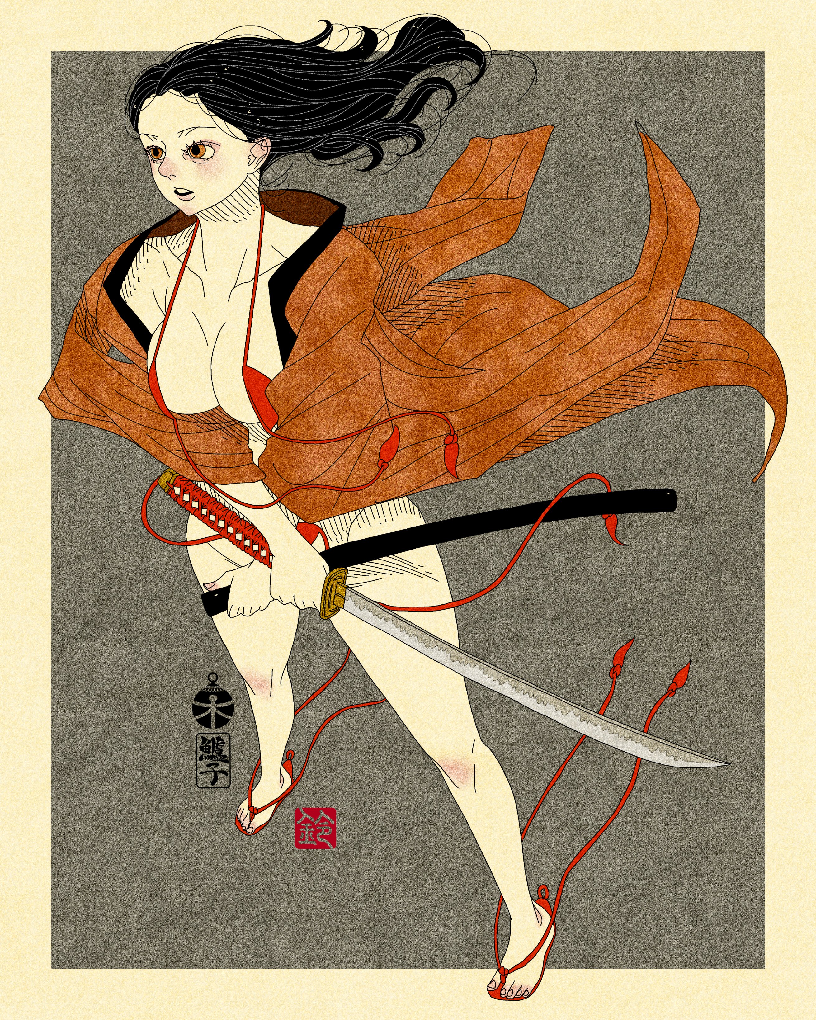 sei5osuzuki, original, absurdres, commentary, highres, 1girl, artist logo, bikini, bikini under clothes, black hair, border, breasts, brown eyes, collarbone, grey background, halterneck, japanese clothes, katana, kimono, logo, long hair, orange kimono, outside border, parted lips, red bikini, sandals, sheath, solo, standinholding sword, swimsuit, sword, untied bikini bottom, weapon