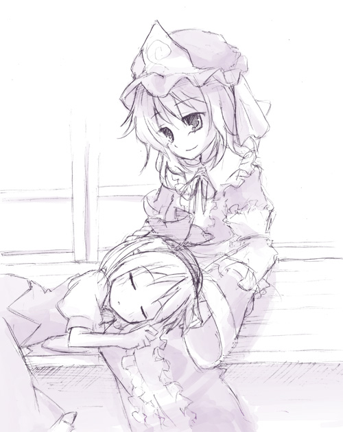 kamoi hayato, konpaku youmu, saigyouji yuyuko, touhou, 2girls, female focus, hand on another's head, hat, lap pillow, mob cap, monochrome, multiple girls, purple theme, sketch, sleeping, smile