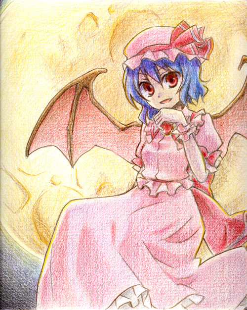 kamoi hayato, remilia scarlet, touhou, 1girl, bat wings, blue hair, female focus, full moon, hat, hat ribbon, moon, pink hat, red eyes, ribbon, short hair, solo, wings, wrist cuffs