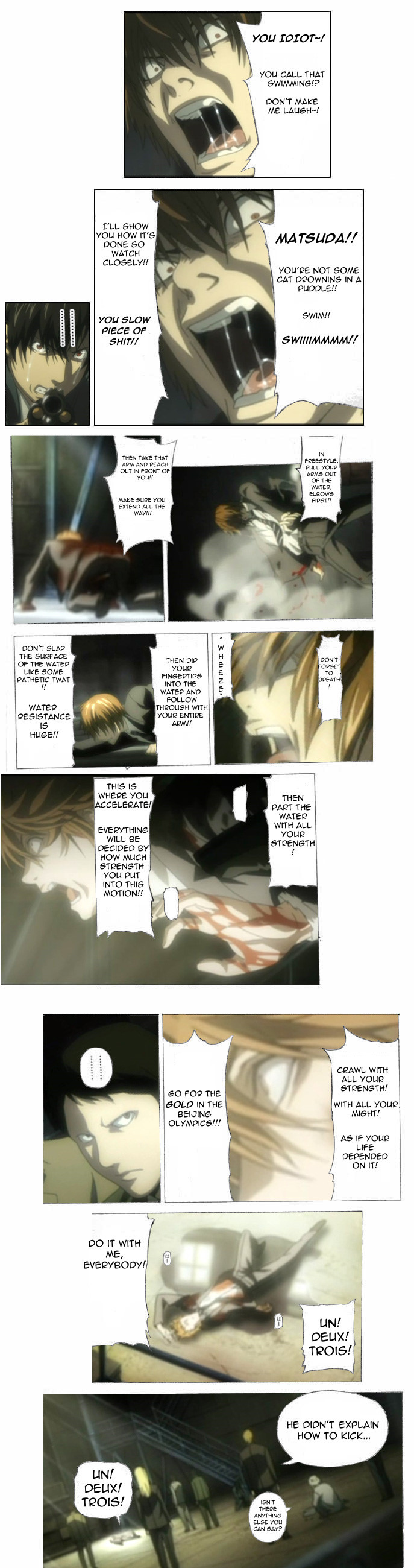 aizawa shuuichi, halle lidner, matsuda touta, mogi kanzou, near (death note), stephen gevanni, yagami light, death note, absurdres, anime screenshot, highres, long image, spoilers, tall image, third-party edit, 1girl, 6+boys, comic, english text, how to, multiple boys, parody, pointing, swimming, swimming lessons, un deux trois