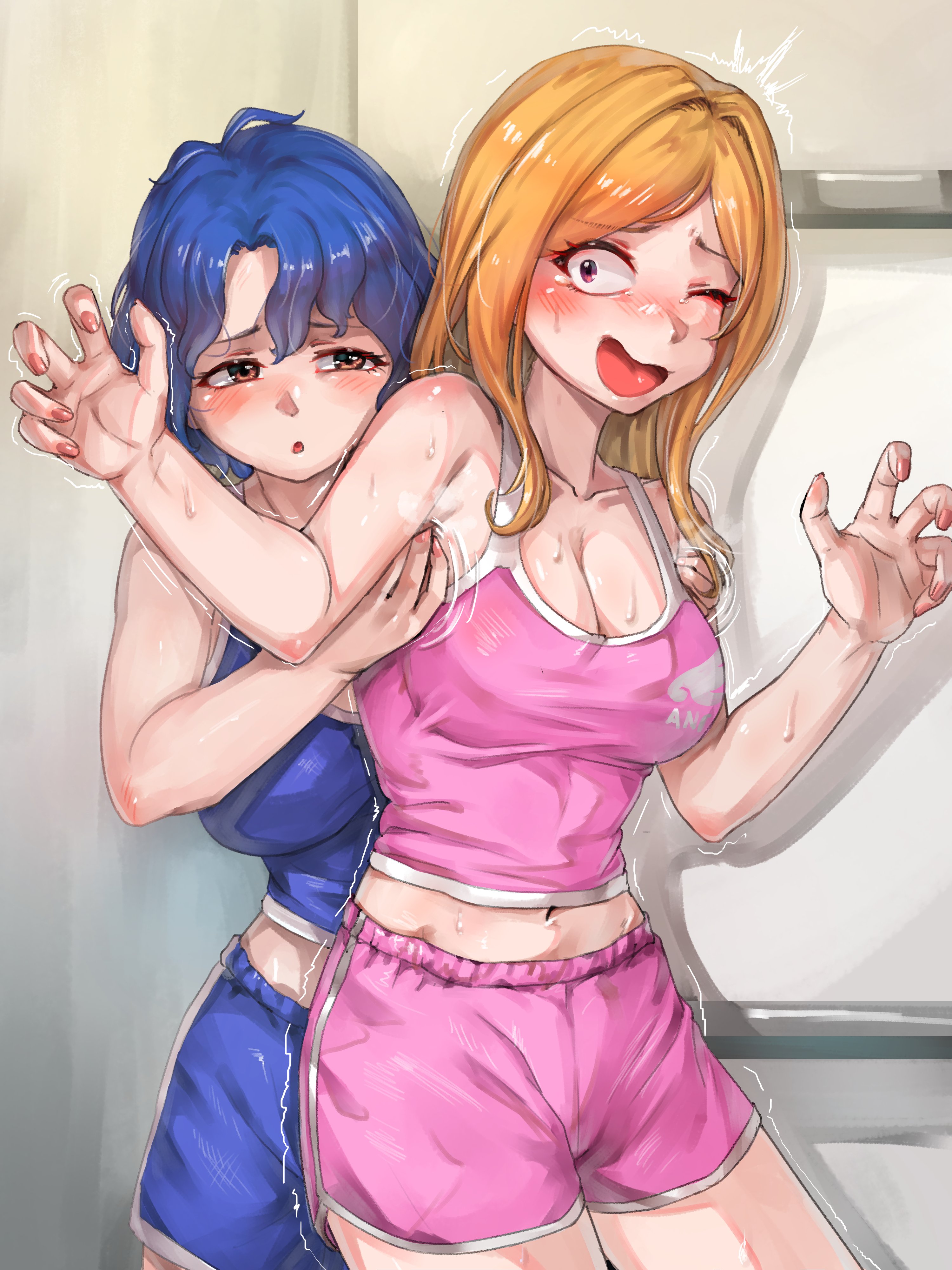 hold111, momose rio, toyokawa fuka, idolmaster, idolmaster million live!, absurdres, commentary request, commission, highres, korean commentary, 2girls, behind another, blonde hair, blue hair, blue shorts, blue tail, blush, breasts, constricted pupils, cowboy shot, fingernails, hands up, indoors, large breasts, long hair, multiple girls, navel, one eye closed, open mouth, pink shoes, pink tank top, shoes, short hair, shorts, standing, tank top, tickling, tickling armpits