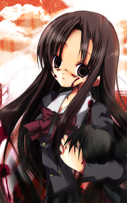 cutlass (classic chocolate), katsura kotonoha, school days, 00s, 1girl, blood, blood on face, bow, cutlass, empty eyes, female focus, red bow, school uniform, serafuku, severed head, solo, yandere