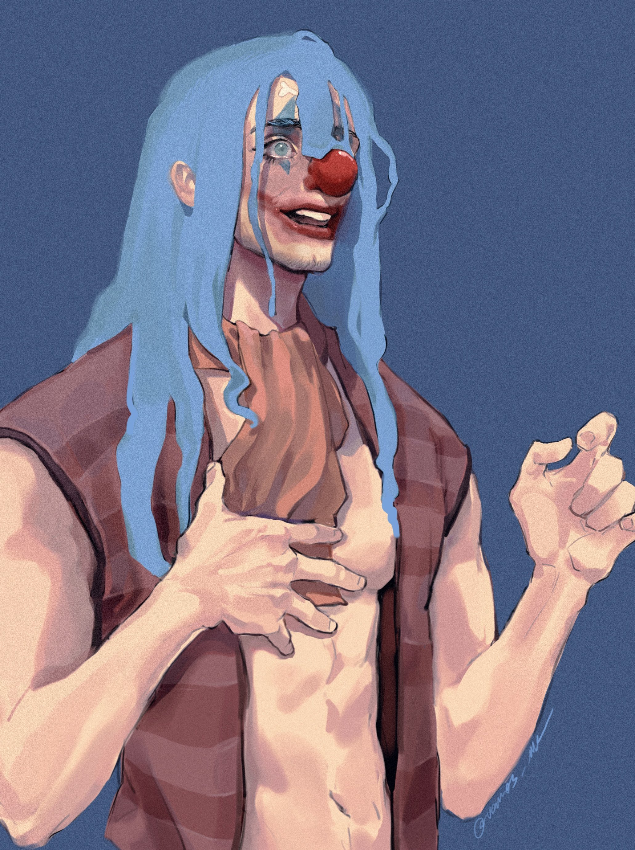 vamos mk, buggy the clown, one piece, absurdres, highres, abs, ascot, blue background, blue eyes, blue hair, clown, clown nose, ears visible through hair, long hair, male focus, open mouth, red nose, signature, simple background, teeth, toned, toned male, upper teeth only, vest, yellow ascot
