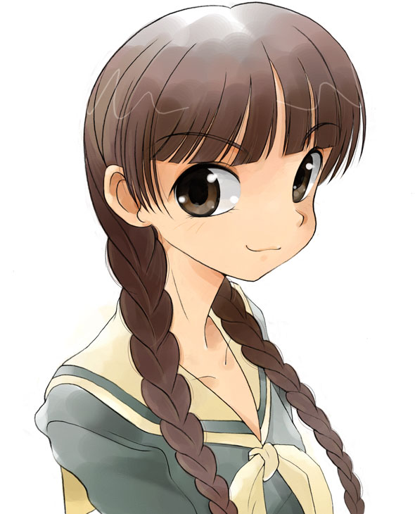 gofu, shimazu yoshino, maria-sama ga miteru, 00s, 1girl, :3, blunt bangs, braid, brown eyes, brown hair, female focus, green shirt, looking at viewer, sailor collar, school uniform, serafuku, shirt, simple background, smug, solo, twin braids, upper body, white background