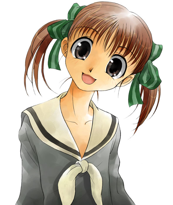gofu, fukuzawa yumi, maria-sama ga miteru, 00s, 1girl, brown eyes, brown hair, female focus, head tilt, school uniform, serafuku, short twintails, simple background, solo, twintails, white background