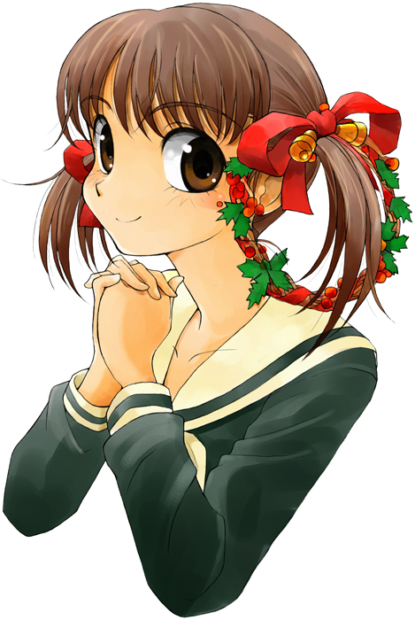 gofu, fukuzawa yumi, maria-sama ga miteru, 00s, 1girl, bell, bow, brown eyes, brown hair, christmas, christmas wreath, female focus, from side, hair bow, hair ornament, interlocked fingers, long sleeves, looking at viewer, own hands clasped, own hands together, school uniform, serafuku, short hair, smile, solo, twintails, upper body, white background, wreath