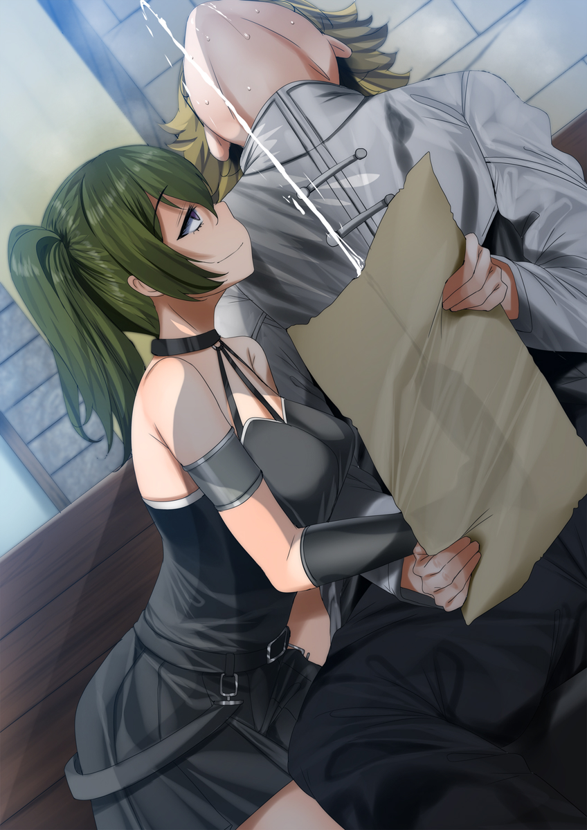 fumihiko (fu mihi ko), land (sousou no frieren), ubel (sousou no frieren), sousou no frieren, highres, 1boy, 1girl, black dress, black gloves, blonde hair, convenient censoring, cum, dress, ejaculation, elbow gloves, gloves, green hair, handjob, hetero, holding, holding paper, long hair, paper, penis, projectile cum, purple eyes, short dress, short hair, side ponytail, smile