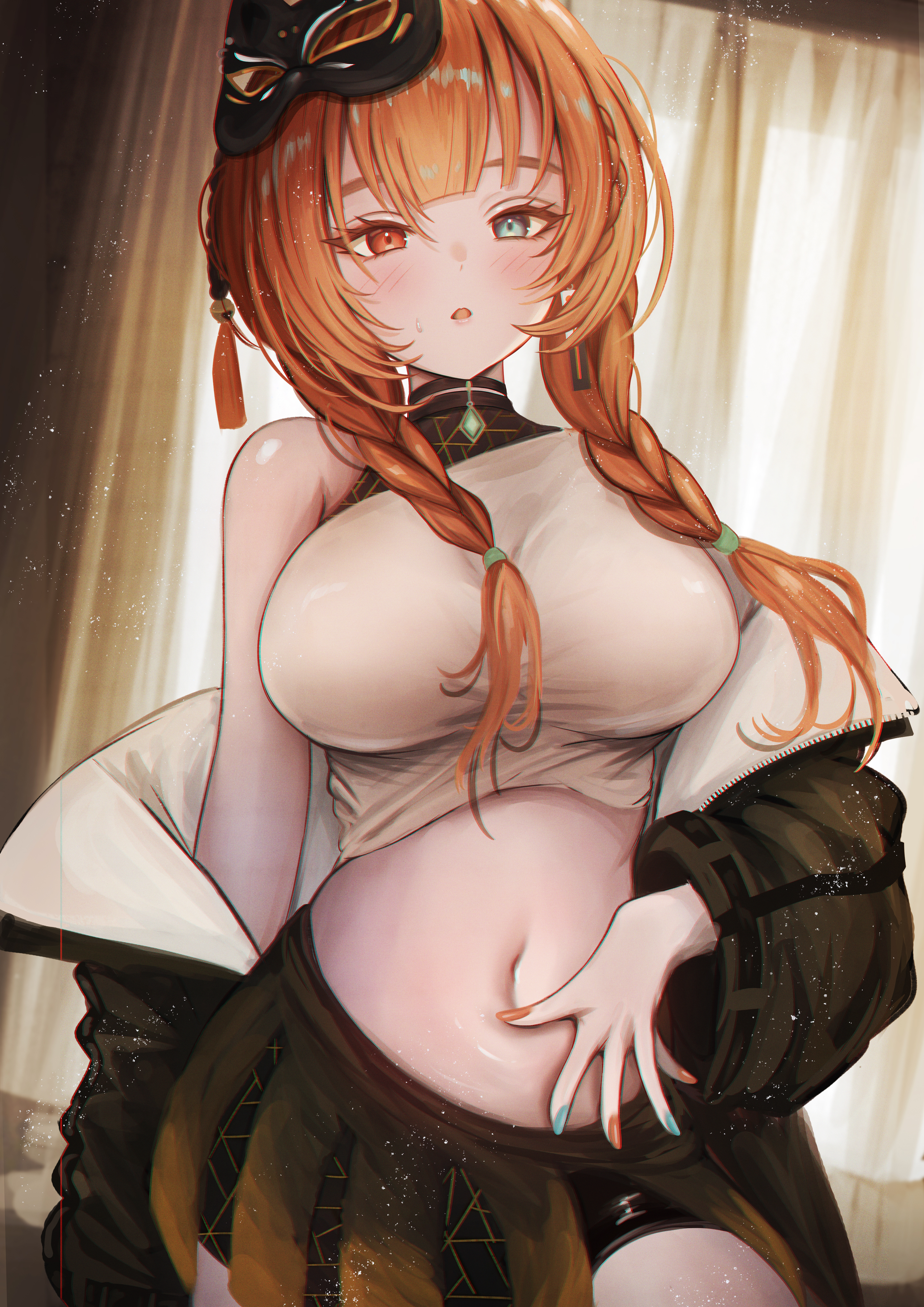 mito soosu, indie virtual youtuber, absurdres, highres, 1girl, bare shoulders, black jacket, blue eyes, braid, breasts, brown skirt, cowboy shot, crop top, curtains, hand on own stomach, heterochromia, jacket, large breasts, long hair, long sleeves, looking at viewer, mask, mask on head, midriff, miniskirt, navel, off shoulder, open clothes, open jacket, open mouth, orange hair, red eyes, shirt, skirt, sleeveless, sleeveless shirt, solo, stomach, sweatdrop, twin braids, virtual youtuber, white shirt