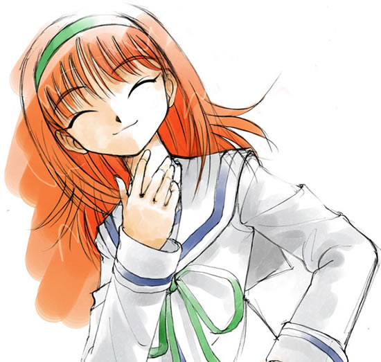gofu, amakase miharu, da capo, da capo i, 00s, 1girl, closed eyes, female focus, hairband, happy, orange hair, ribbon, school uniform, serafuku, smile, solo