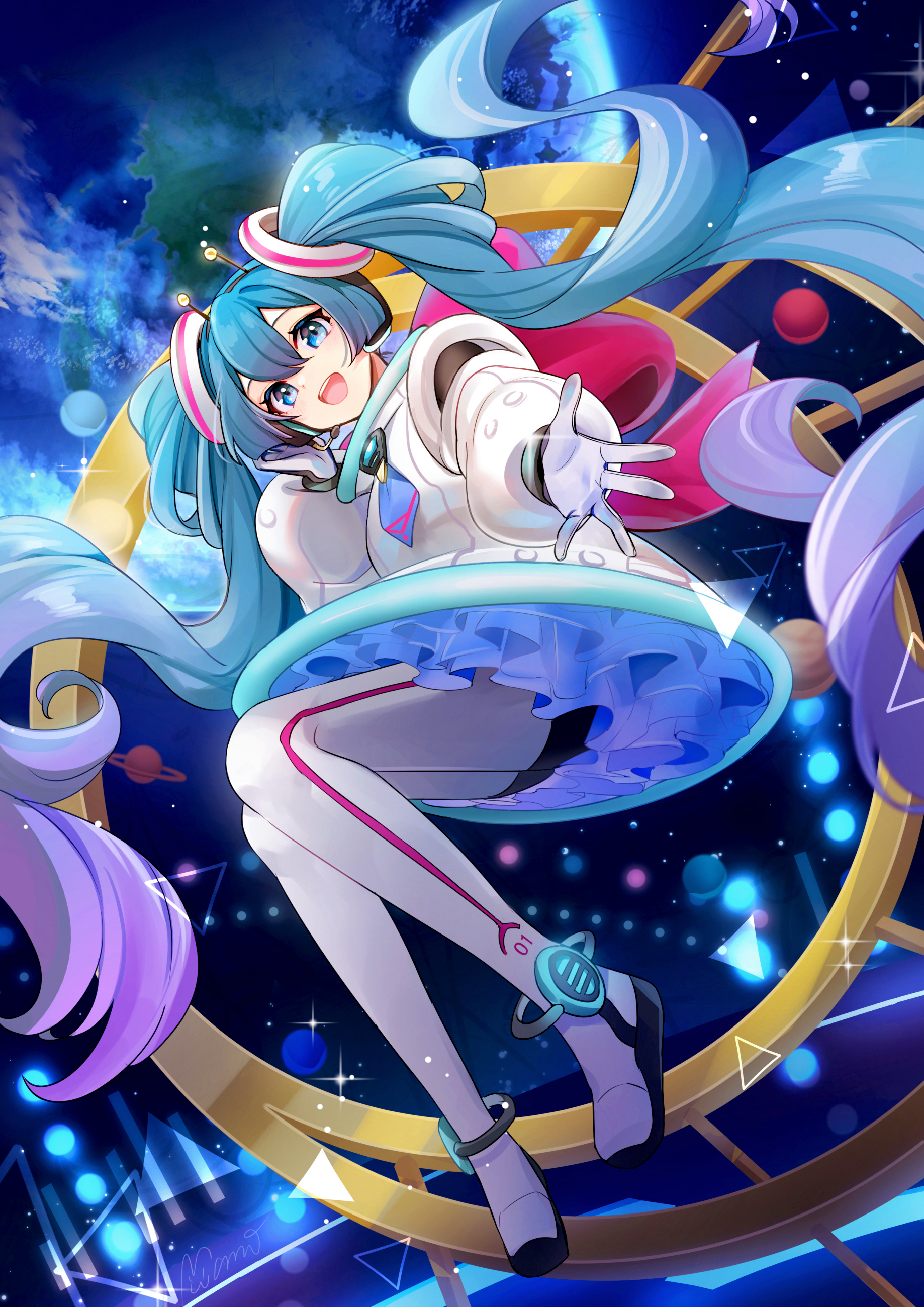 mamo (fortune-mm), hatsune miku, vocaloid, absurdres, commentary request, highres, 1girl, :d, blue eyes, blue hair, boots, detached sleeves, double-parted bangs, dress, earth (planet), full body, gloves, hair between eyes, long hair, long sleeves, looking at viewer, open mouth, outdoors, outstretched arm, planet, puffy long sleeves, puffy sleeves, smile, solo, space, spacesuit, thigh boots, twintails, very long hair, white boots, white dress, white gloves, white sleeves