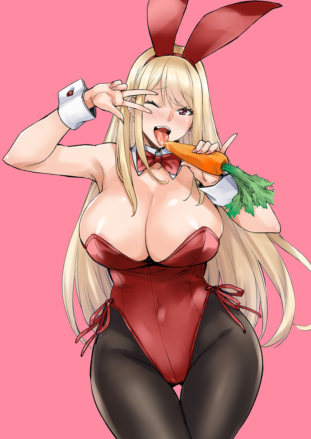 takurou, original, highres, animal ears, areola slip, arm up, black pantyhose, blonde hair, blush, bow, bowtie, breasts, carrot, cleavage, covered navel, detached collar, holding, holding carrot, large breasts, leotard, looking at viewer, one eye closed, open mouth, pantyhose, pink background, playboy bunny, rabbit ears, red bow, red bowtie, red eyes, red leotard, simple background, smile, solo, tongue, tongue out, traditional bowtie, v, wrist cuffs