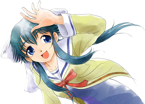 gofu, mizukoshi moe, da capo, da capo i, 00s, 1girl, blue eyes, blue hair, bow, dress, female focus, hair bow, long hair, matching hair/eyes, ponytail, school uniform, serafuku, solo, waving